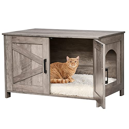 39.4" L Wooden Cat Litter Box Enclosure with Barn Door, Greige M906