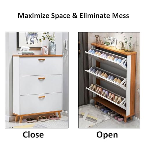Slim Hidden Shoe Cabinet 3 Flip Drawers Wooden Tall Shoe Rack R579928