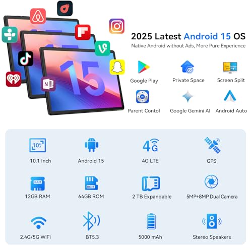 Android 15 Tablet with SIM Card Slot, 4G Cellular, Octa-Core, 12GB+64GB, 2TB Expandable, Dual Cameras, WiFi, BT5.0, GPS, Protective Case L7724