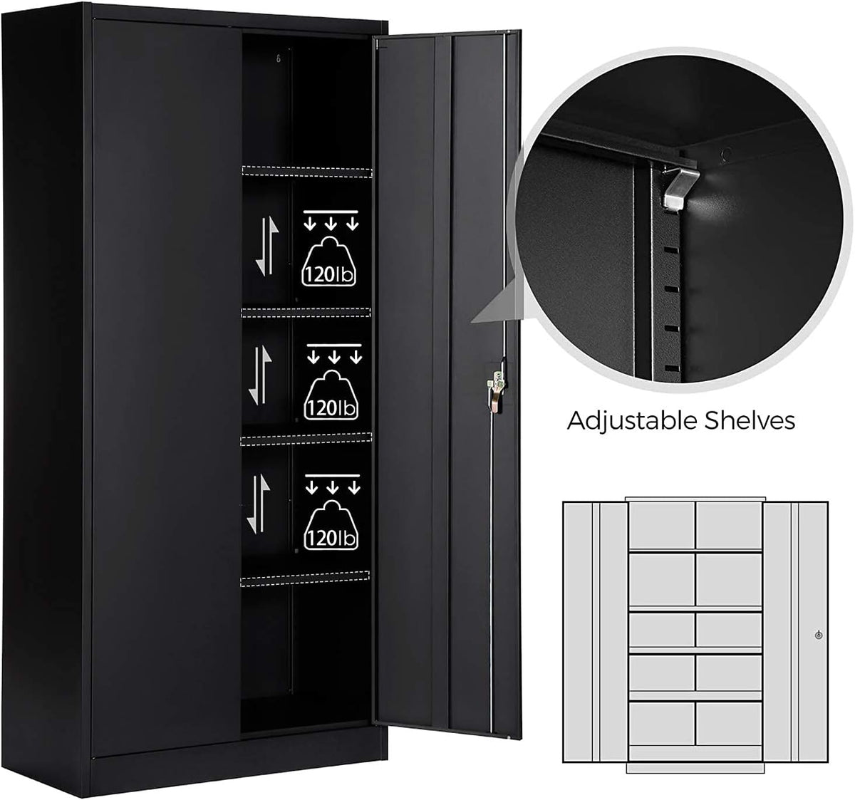 Black Metal Storage Cabinet with 4 Adjustable Shelves L714