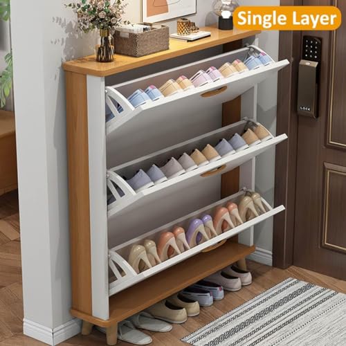 Slim Hidden Shoe Cabinet 3 Flip Drawers Wooden Tall Shoe Rack R579928