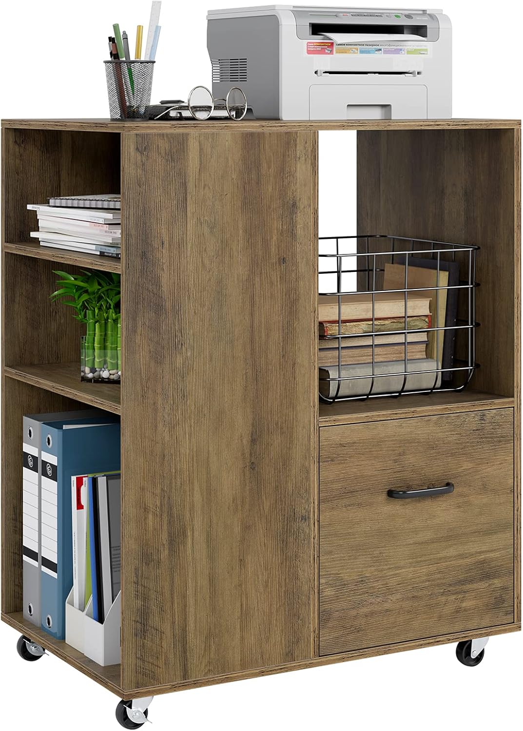 Dark Brown Wood Mobile File Cabinet with Drawer M43704