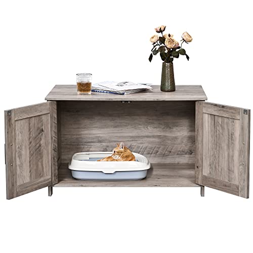 39.4" L Wooden Cat Litter Box Enclosure with Barn Door, Greige M906
