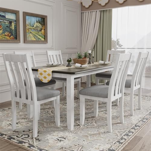 7 Pieces Dining Table Set with 6 Upholstered Chairs and Extendable Tabletop, Solid Wood B553