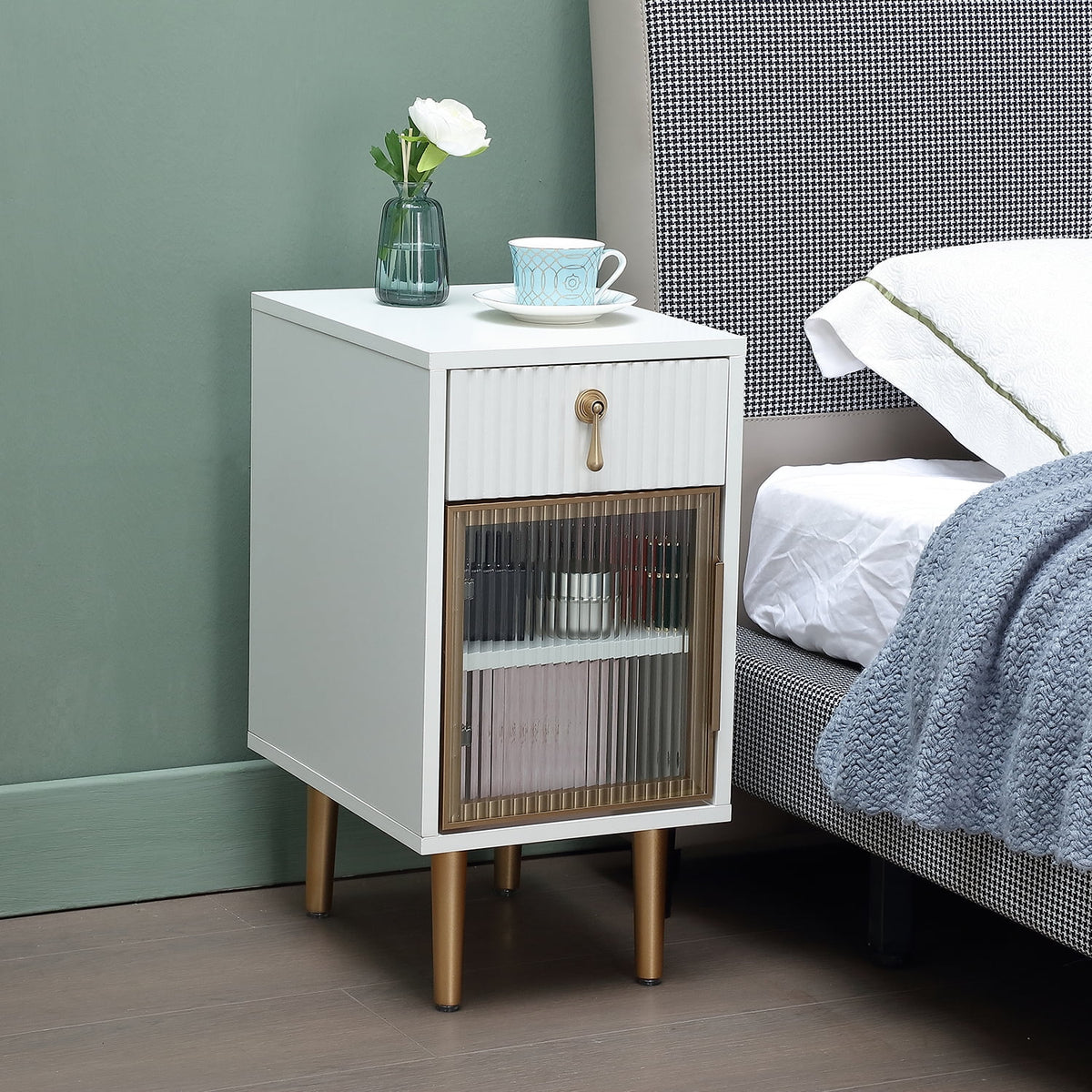 White Narrow Nightstand with Drawer W34818