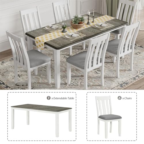 7 Pieces Dining Table Set with 6 Upholstered Chairs and Extendable Tabletop, Solid Wood B553