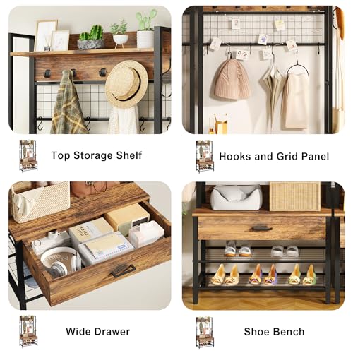 5-in-1 Wood Look Hall Tree with Bench and Shoe Storage, 12 Hooks Q45229