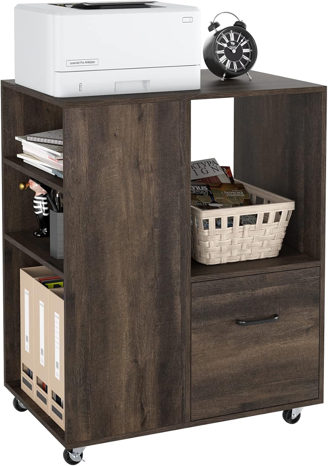Dark Brown Wood Mobile File Cabinet with Drawer M43704