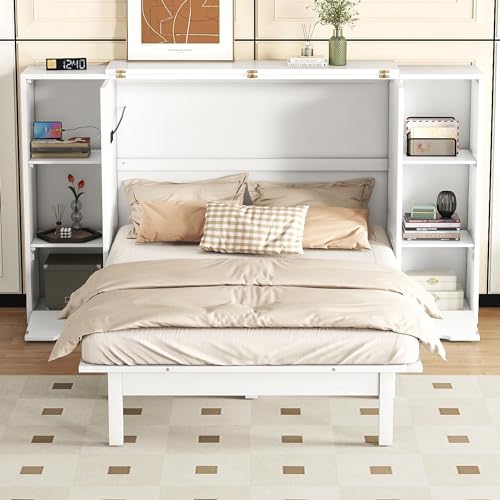 White Queen Size Solid Wood Murphy Wall Bed with Storage X5124