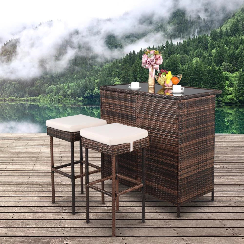 3PCS Patio Rattan Wicker Bar Table Stools Dining Set Brown G3901