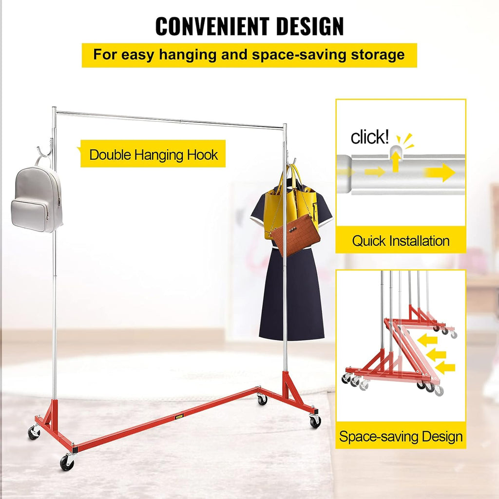 Red Steel Z Base Garment Rack with Lockable Casters W800839