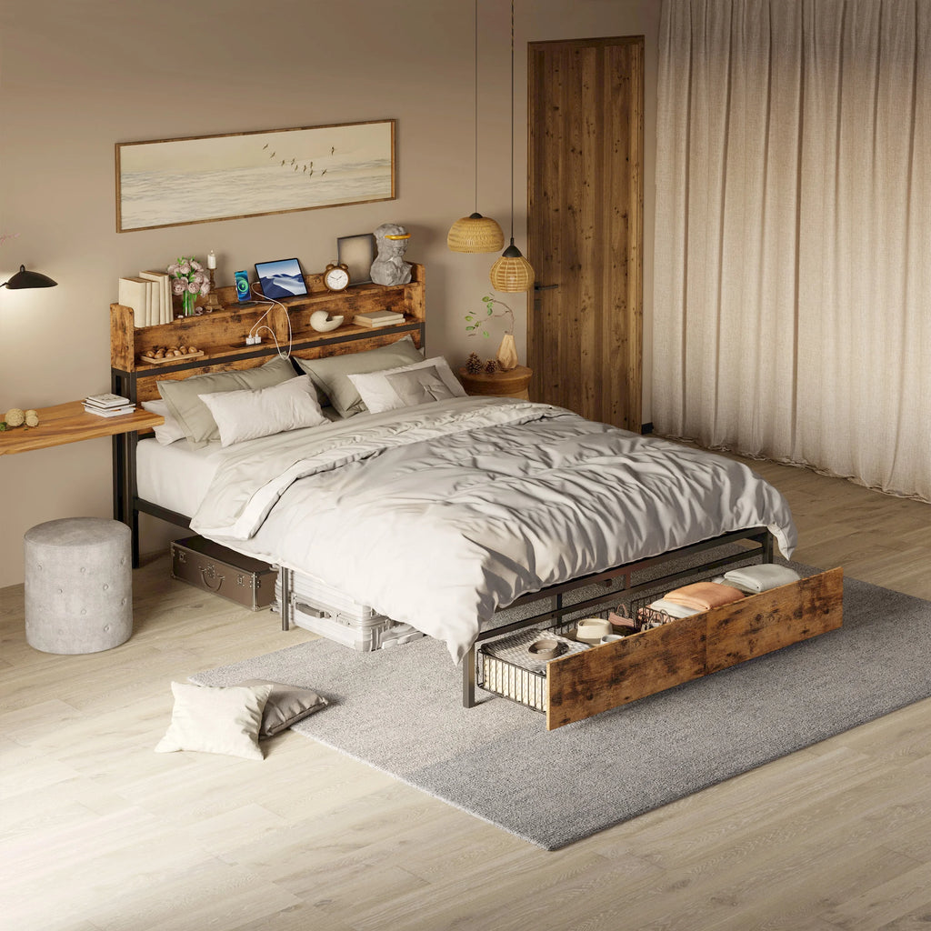 Full Platform Bed Frame with Storage Headboard and 2 Under-bed Drawers G658029