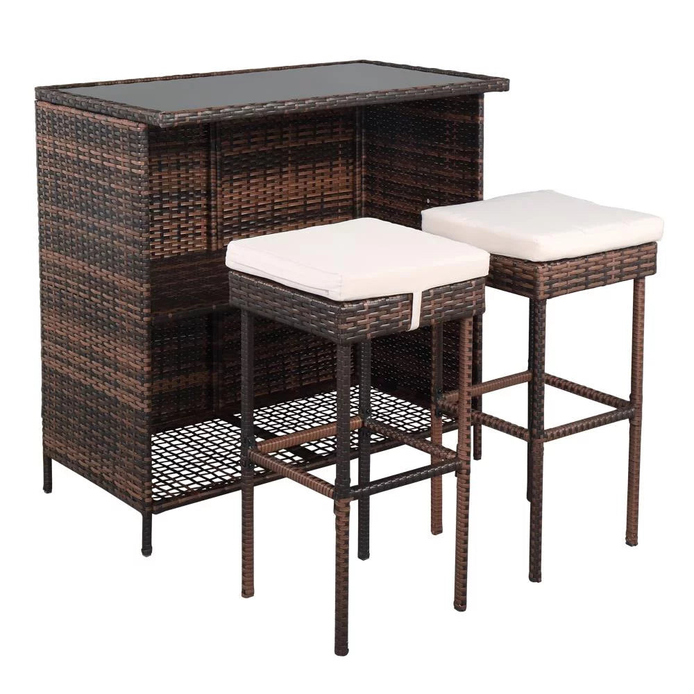 3PCS Patio Rattan Wicker Bar Table Stools Dining Set Brown G3901