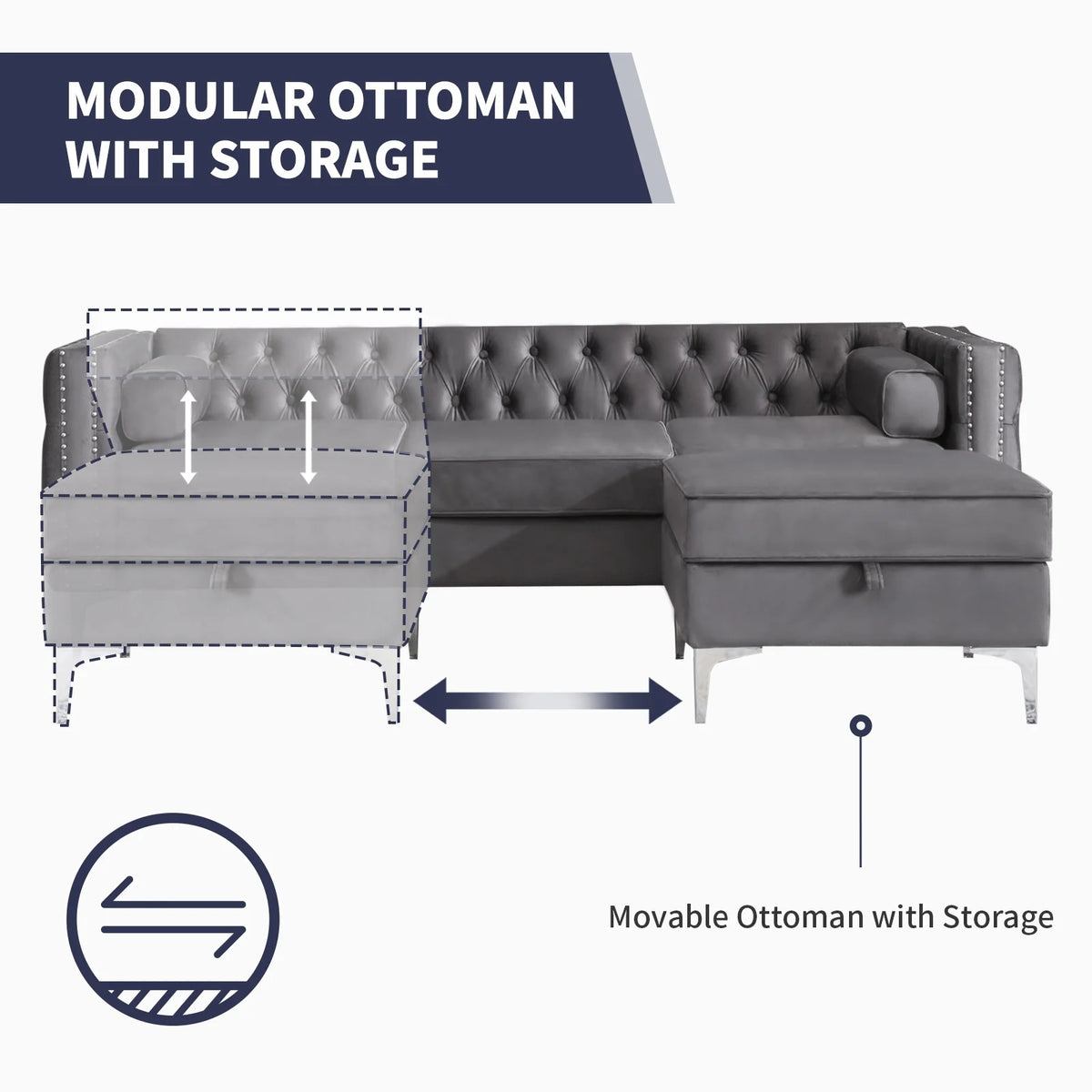 Velvet L-Shaped Sectional Sofa with Storage Ottoman J116