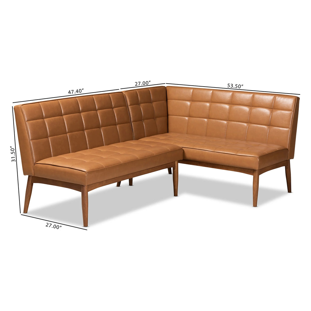 Tan Faux Leather Upholstered Walnut Brown Wood 2-Piece Dining Nook Banquette Set D944