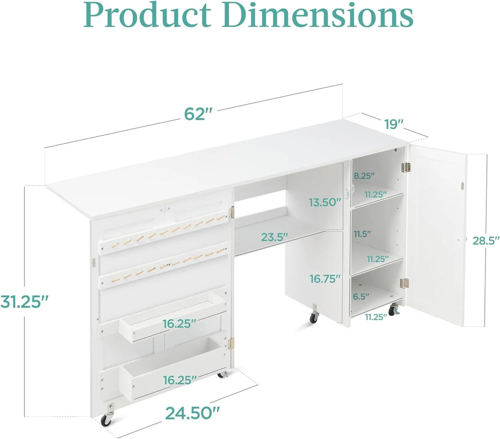 Large White Folding Sewing Table with Caster Wheels L6947