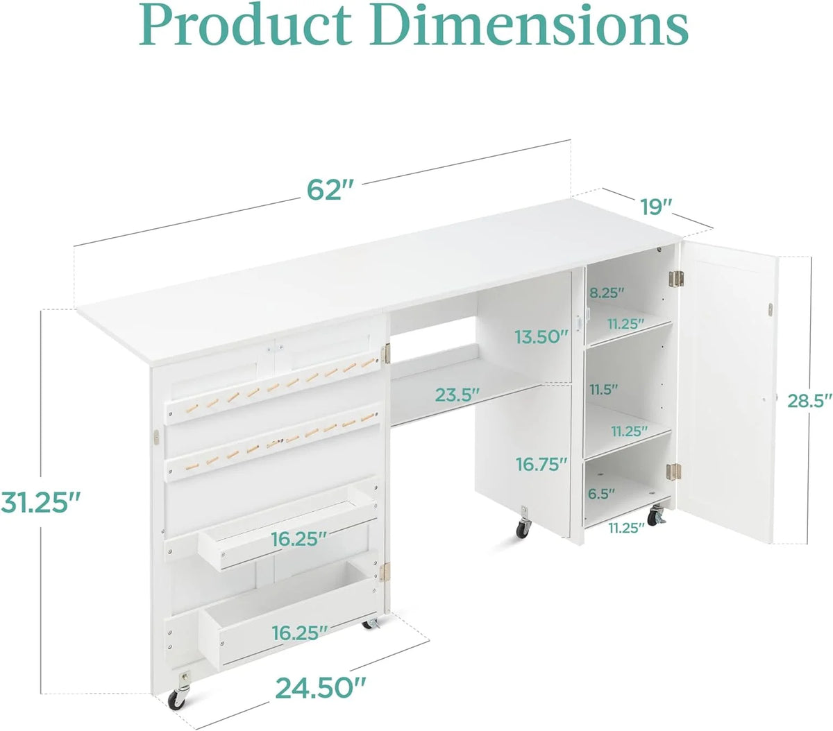 Large White Folding Sewing Table with Caster Wheels L6947