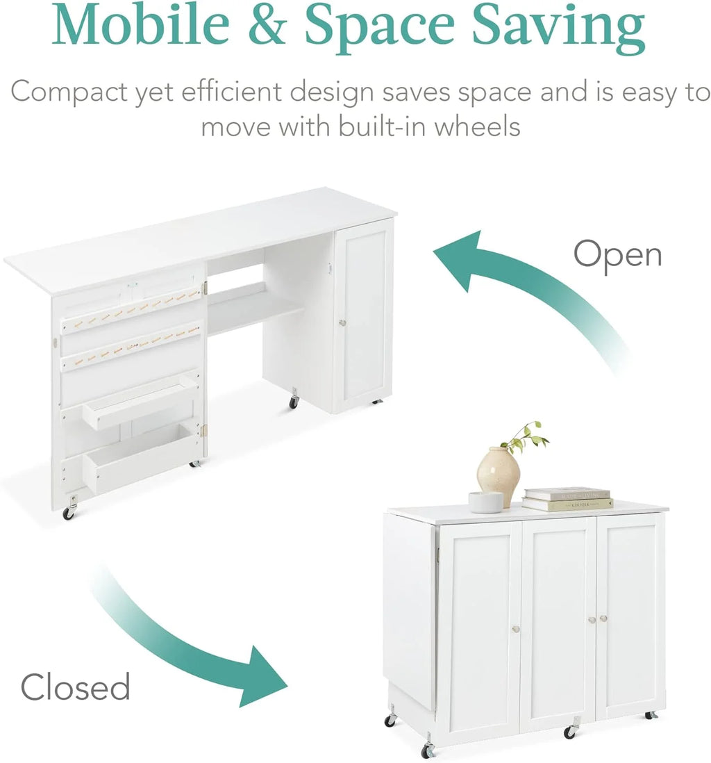 Large White Folding Sewing Table with Caster Wheels L6947
