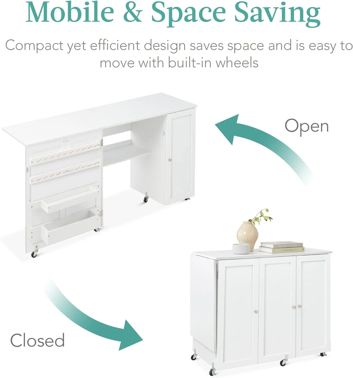 Large White Folding Sewing Table with Caster Wheels L6947