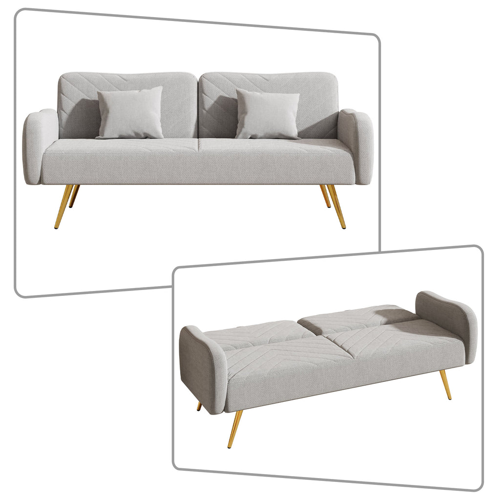 Grey Linen Upholstered Futon Sofa Bed with Two Pillows J62842