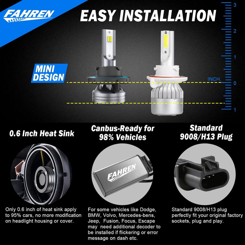 9008/H13 LED Headlight Bulbs, 70W 14000LM 6500K Cool White, Pack of 2 V388