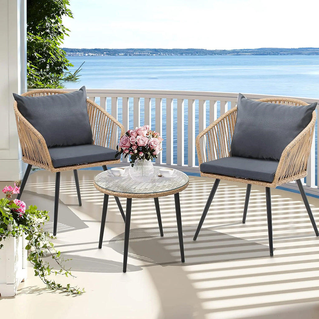 3-Piece Wicker Bistro Set with Cushions and Glass Side Table E8396