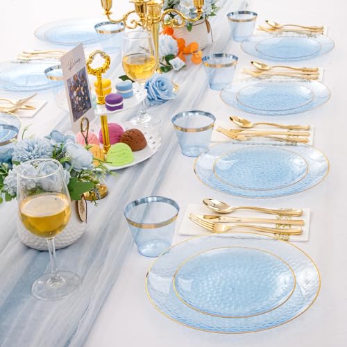 350 Pcs Blue Plastic Plates Dinnerware Set U2103