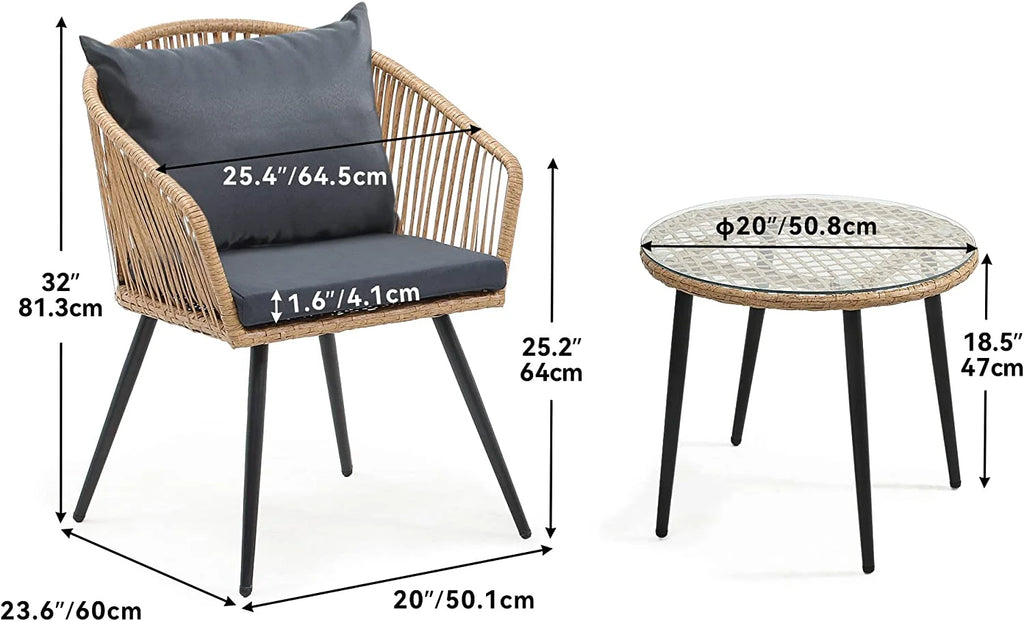 3-Piece Wicker Bistro Set with Cushions and Glass Side Table E8396