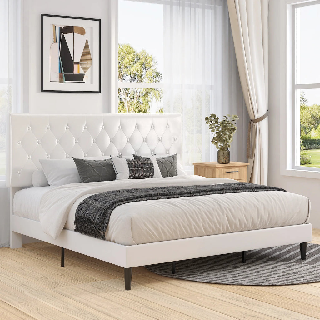 Black Queen Size Platform Bed Frame with Adjustable Tufted Headboard S95926