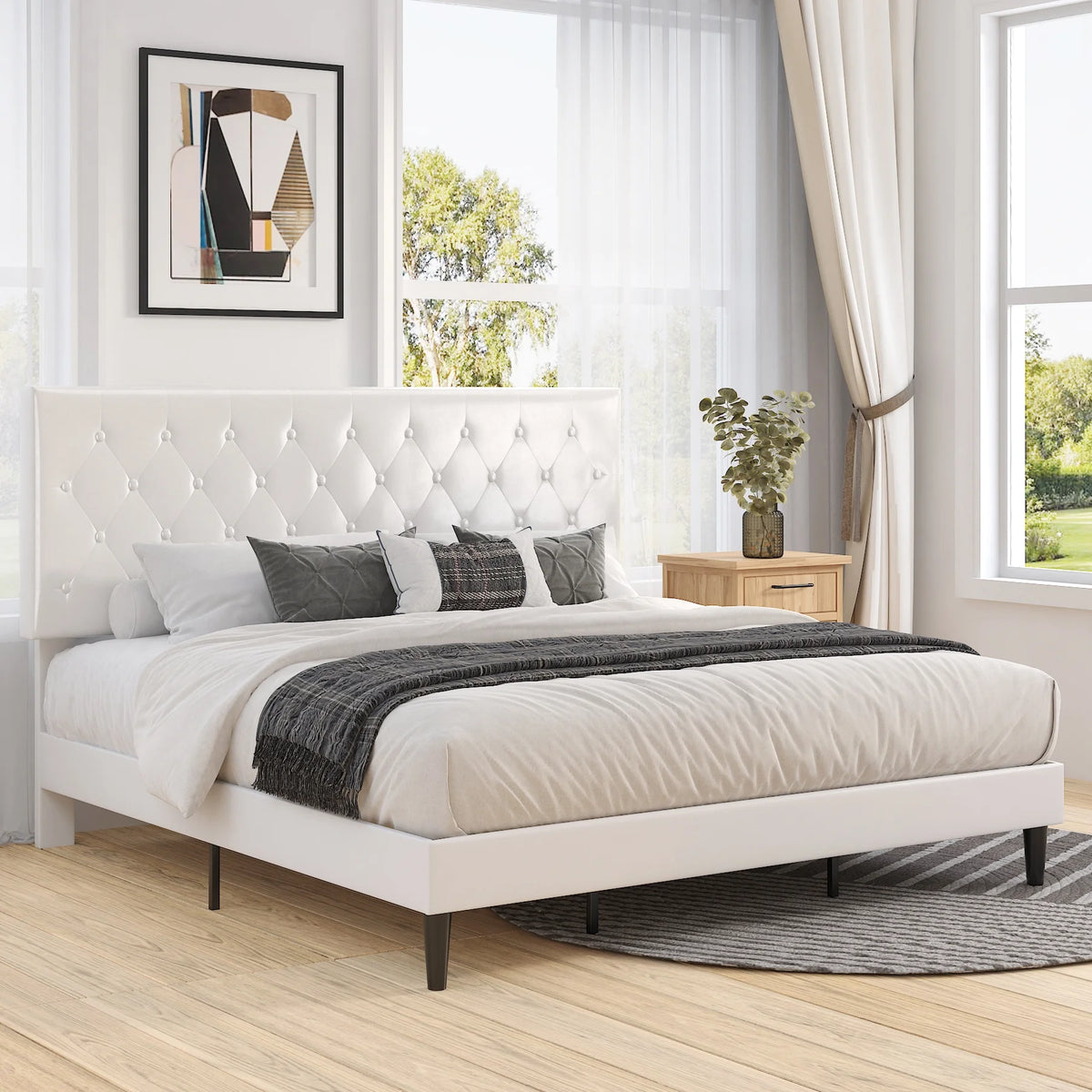 Black Queen Size Platform Bed Frame with Adjustable Tufted Headboard S95926