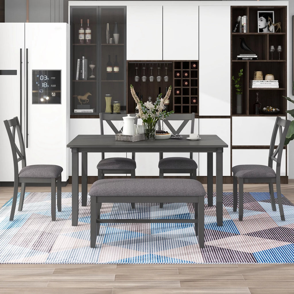 6-Piece Wooden Dining Table Set with 4 Chairs & Bench V882