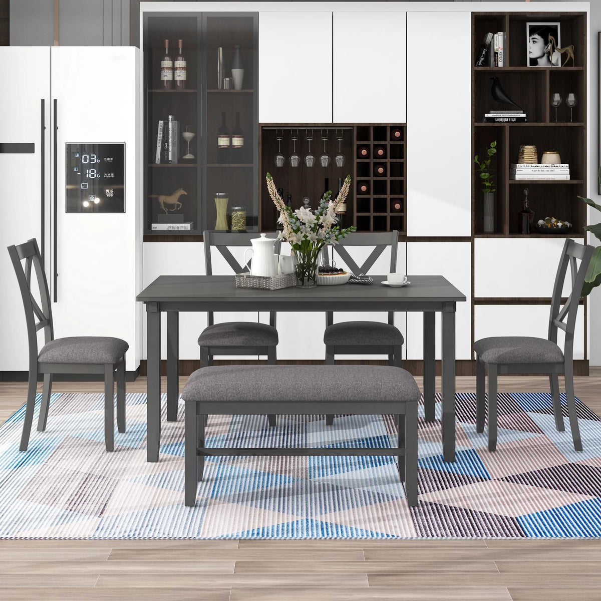 6-Piece Wooden Dining Table Set with 4 Chairs & Bench V882