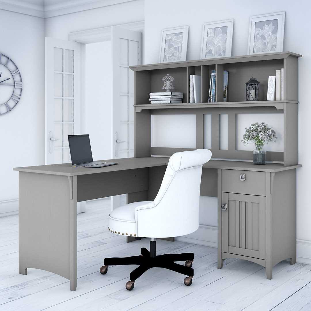Pure White and Shiplap Gray L Shaped Desk with Hutch A744566