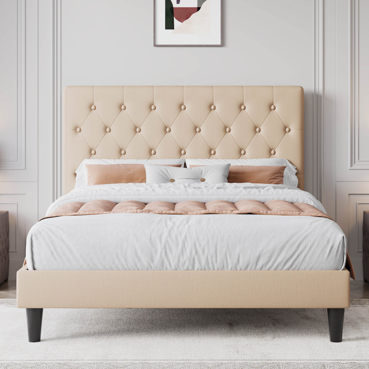 Black Queen Size Platform Bed Frame with Adjustable Tufted Headboard S95926
