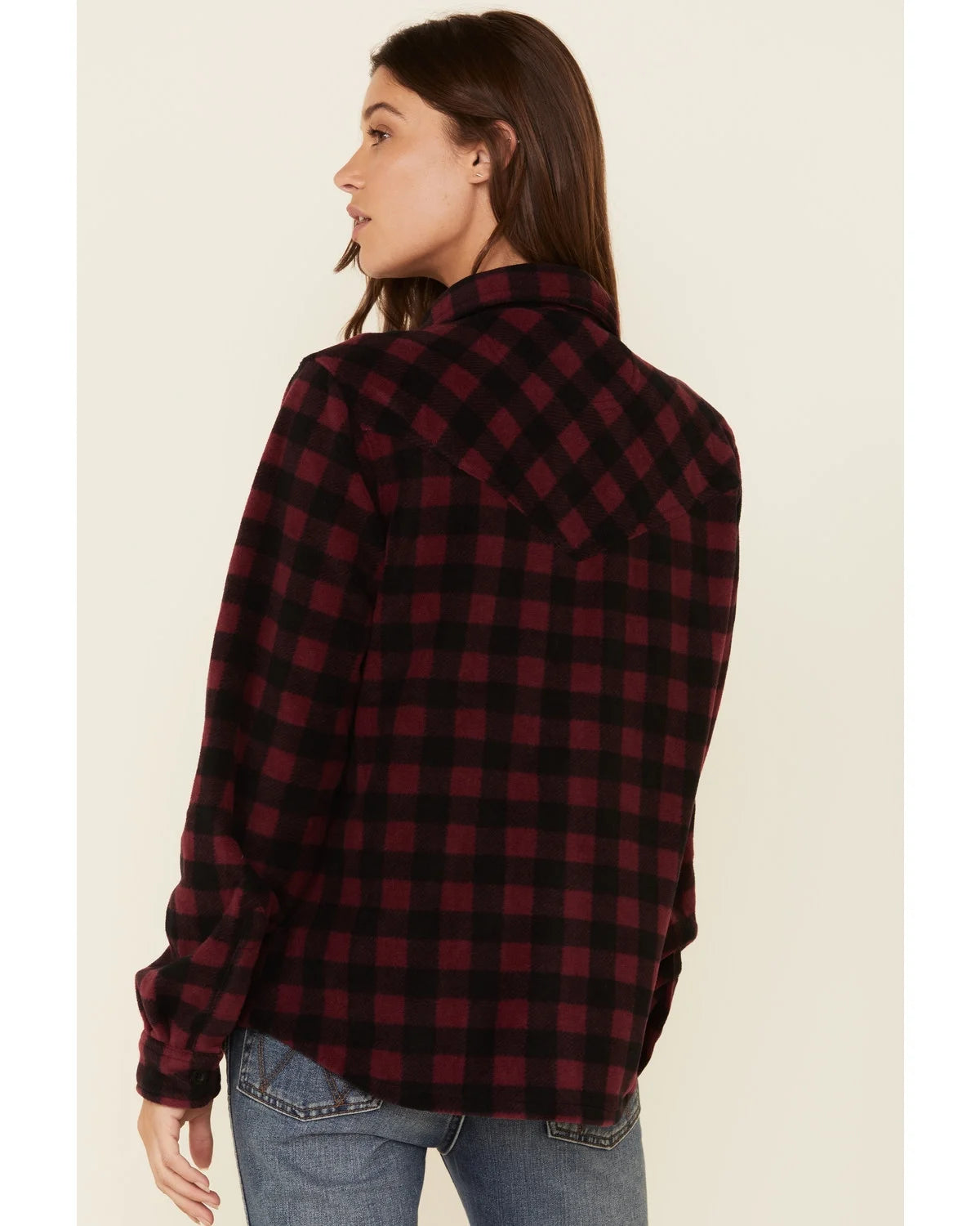 Plaid Print Long Sleeve Fleece Shacket Wine 3X J9063