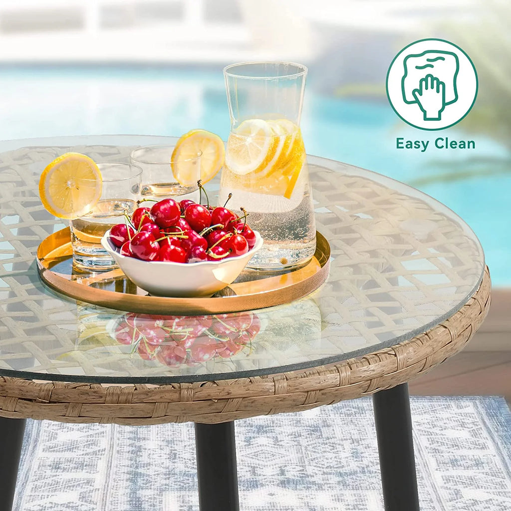 3-Piece Wicker Bistro Set with Cushions and Glass Side Table E8396