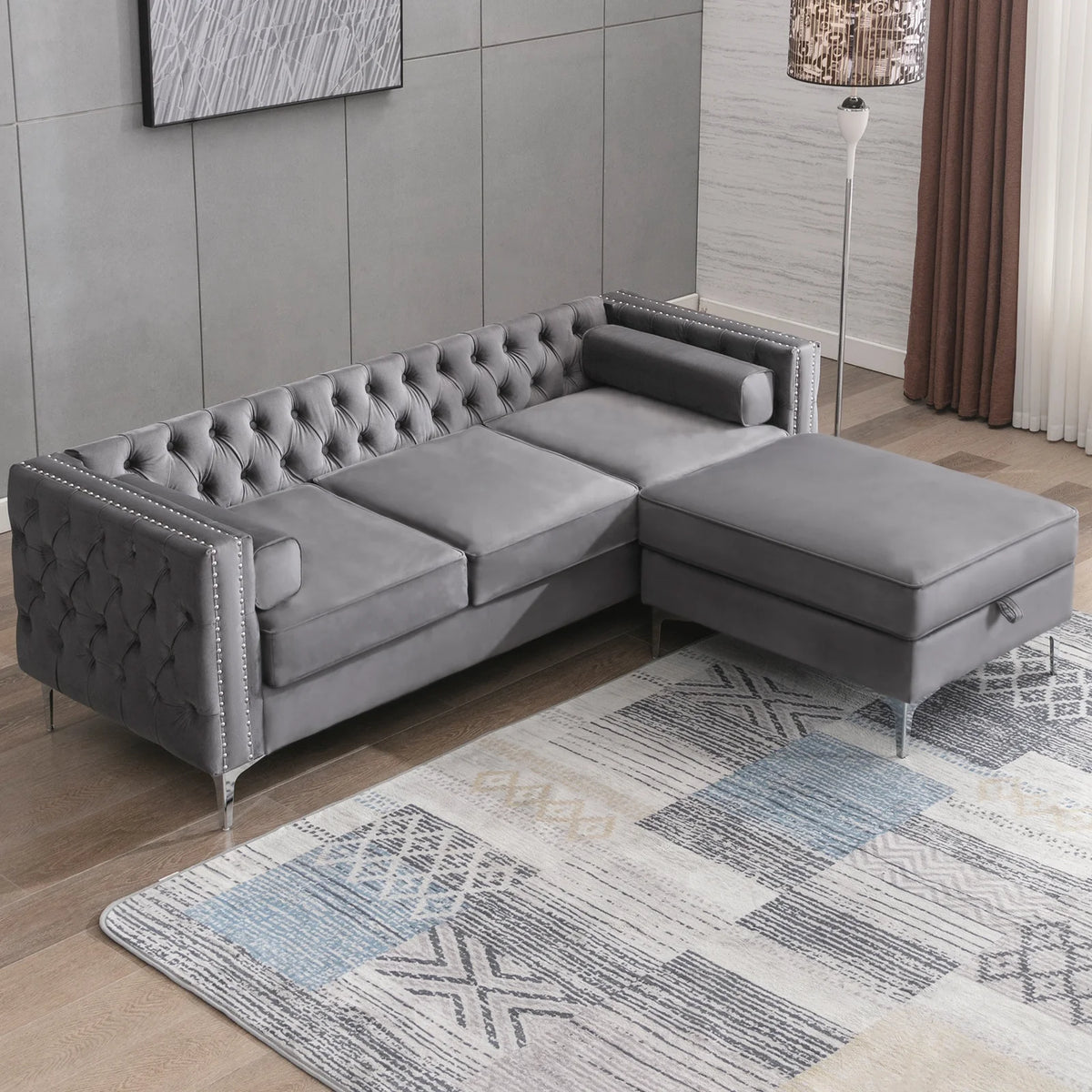 Velvet L-Shaped Sectional Sofa with Storage Ottoman J116
