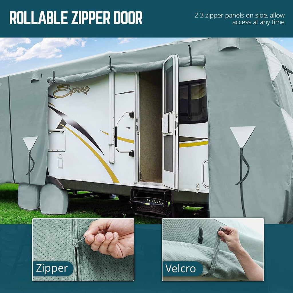 Extra-Thick 5 Layers Anti-UV Travel Trailer RV Cover with 2 Straps & 4 Tire Covers O9671
