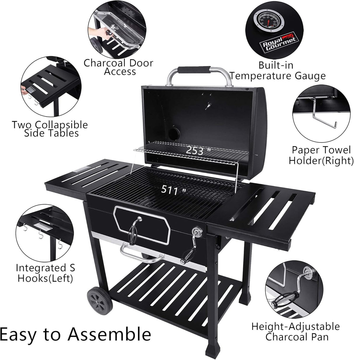 30-Inch Charcoal Grill BBQ Smoker Black T247647