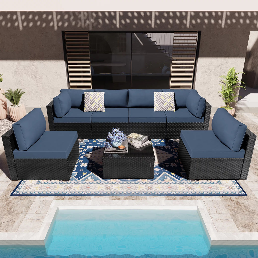 7 Pieces Black Wicker Outdoor Sectional Sofa Set O672233