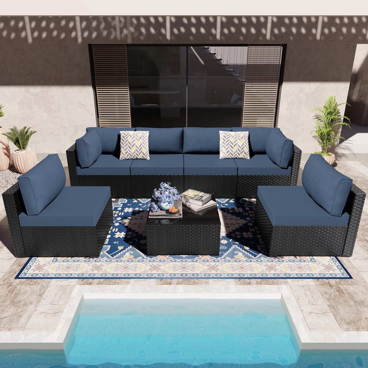 7 Pieces Black Wicker Outdoor Sectional Sofa Set O672233