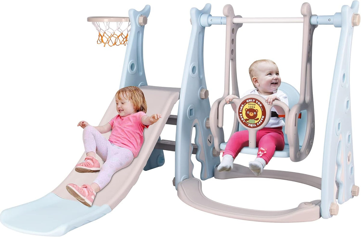 Toddler Slide and Swing Set, 4 in 1 Kids Play Set, 53” Slide, Activity Center with Basketball Hoop X459104