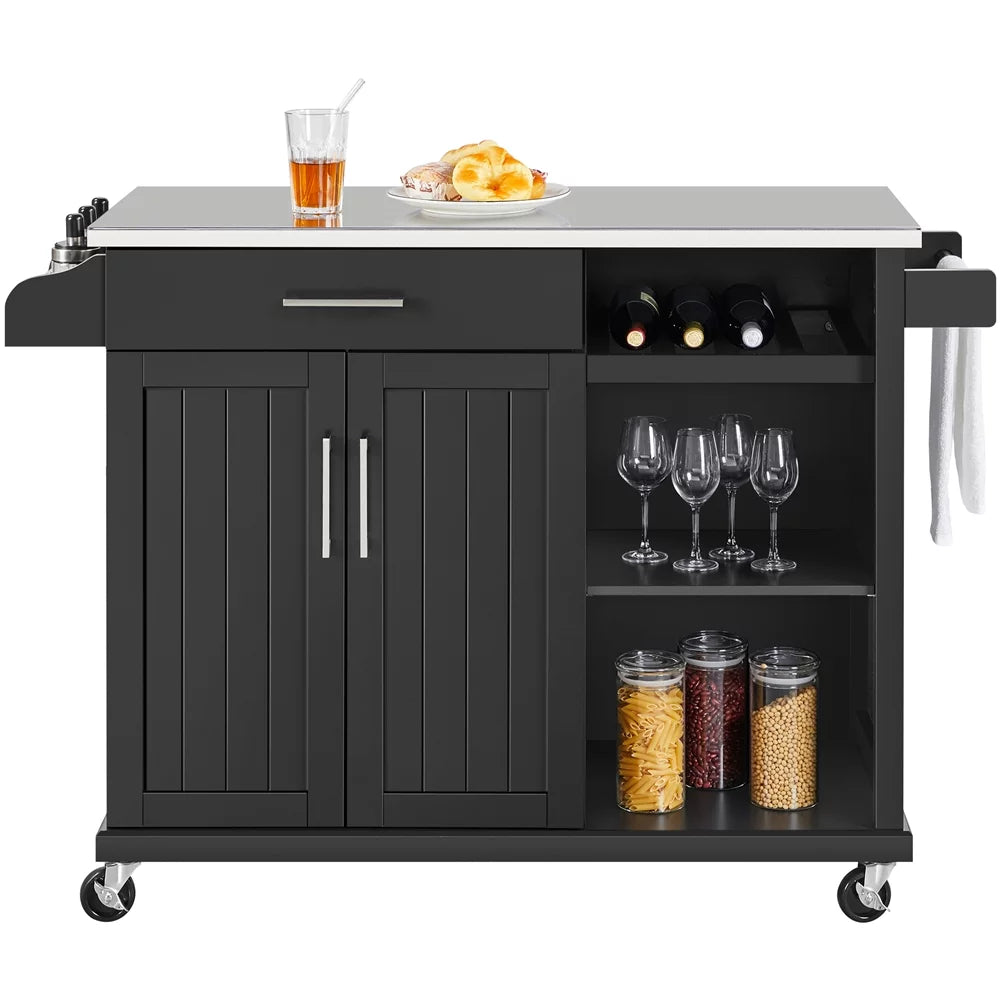 Rolling Storage Kitchen Cart Cabinet with Steel Top, Black B252415