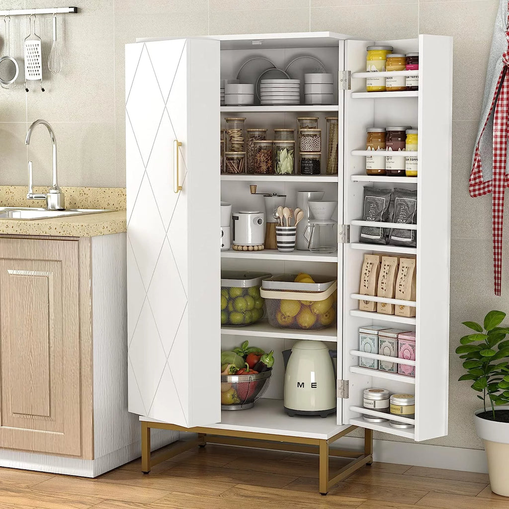 White Freestanding Kitchen Pantry Storage Cabinet with Adjustable Shelves Q190485