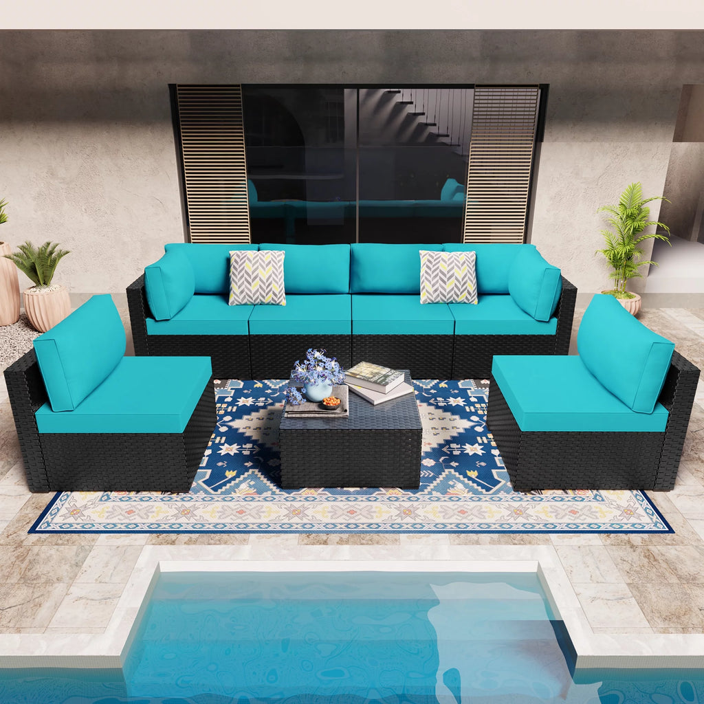 7 Pieces Black Wicker Outdoor Sectional Sofa Set O672233