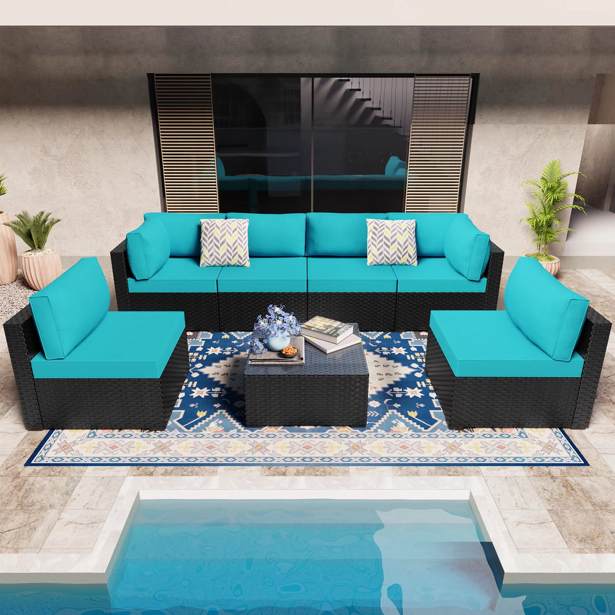 7 Pieces Black Wicker Outdoor Sectional Sofa Set O672233