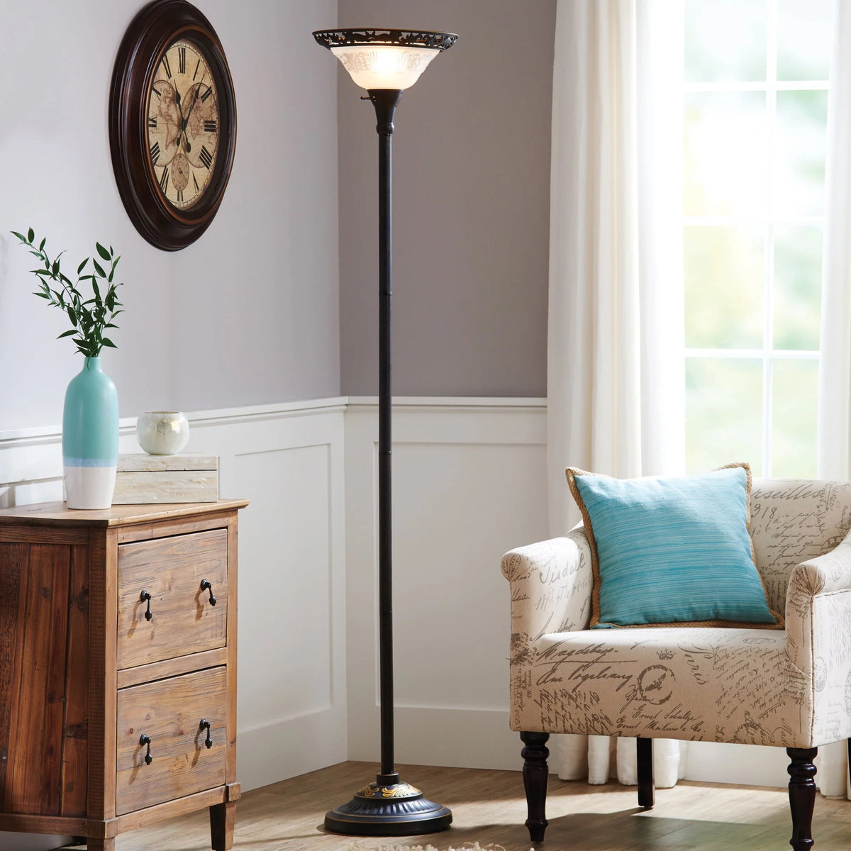 Bronze Victorian Floor Lamp with Etched Glass Shade F1659