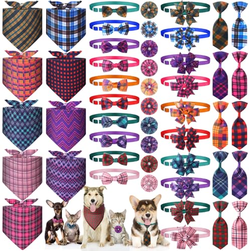 50 Pcs Plaid Dog Bandana Collar Set N38116