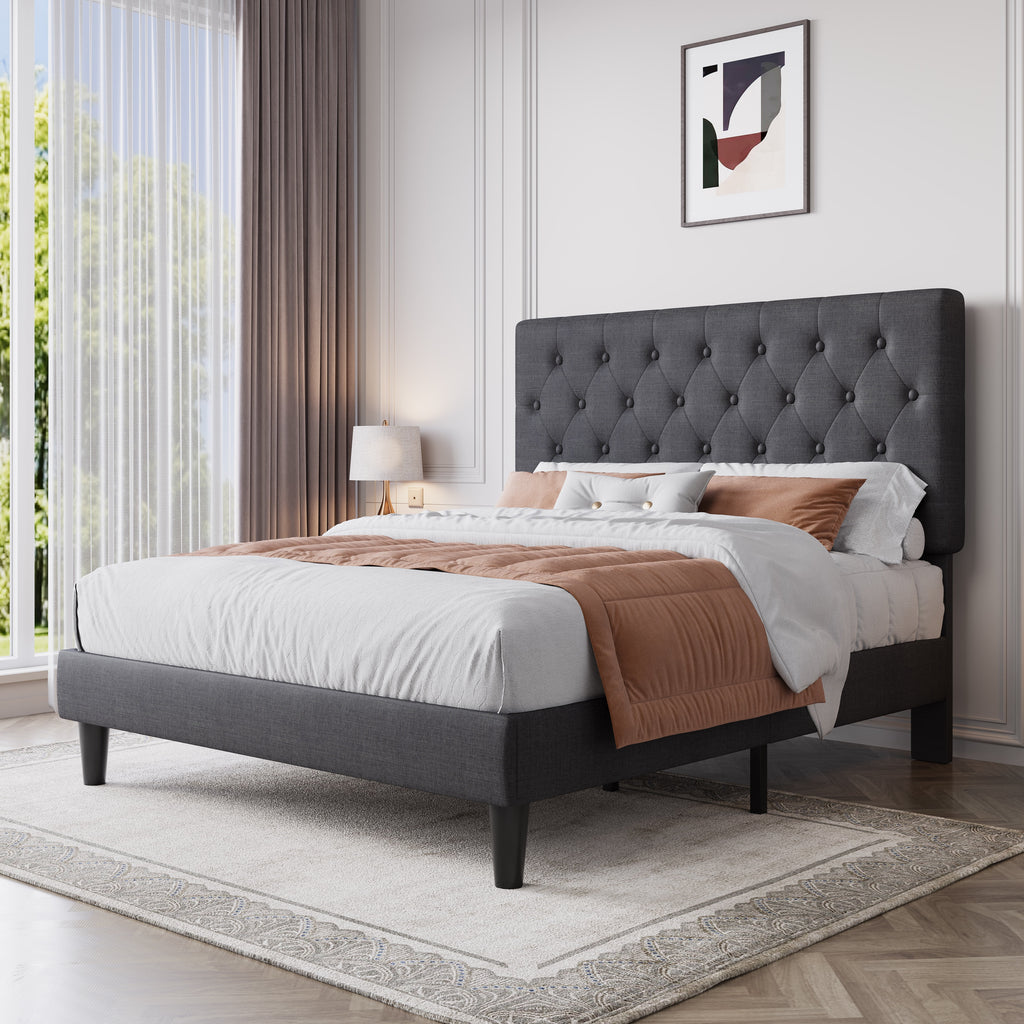 Black Queen Size Platform Bed Frame with Adjustable Tufted Headboard S95926