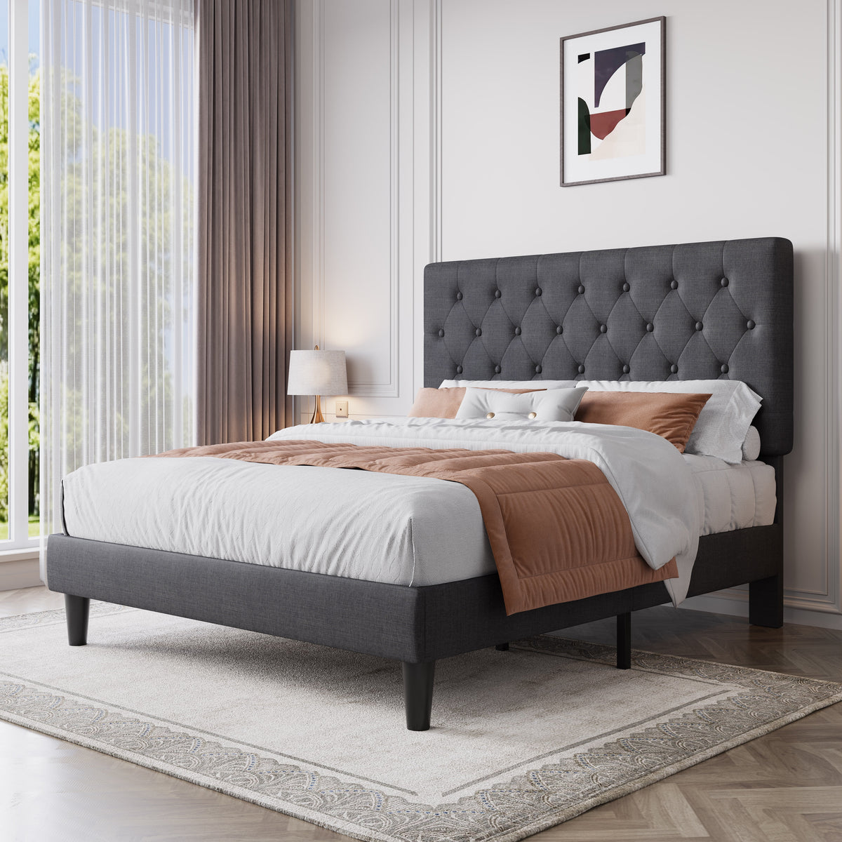 Black Queen Size Platform Bed Frame with Adjustable Tufted Headboard S95926